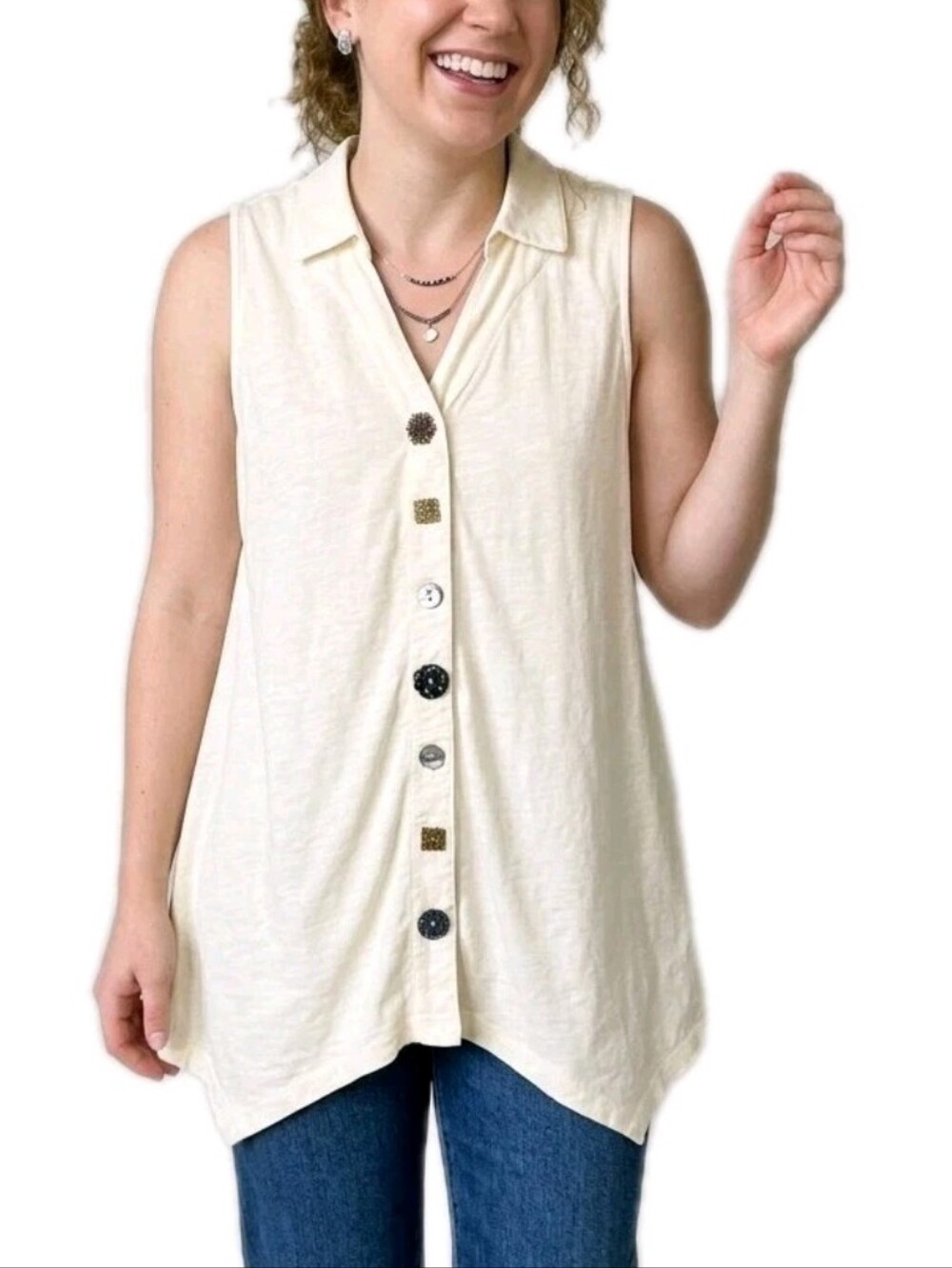 Soft Surroundings Novelty Mismatched Button Sleeveless Handkerchief Hem Top S
